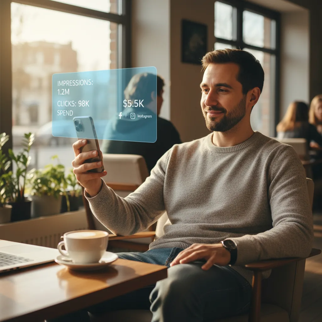 Man in cafe checking ad metrics on phone